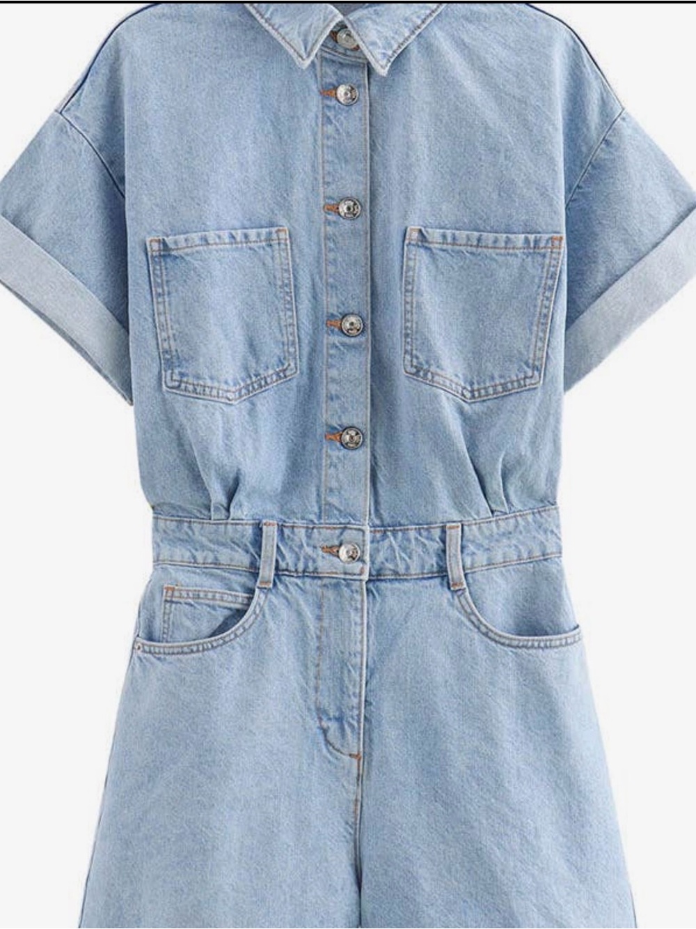 Light Blue Denim Short-Sleeve Jumpsuit Romper
